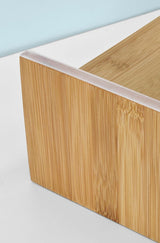 Ergonomic Bamboo Monitor Riser with Dual Storage Drawers - Low Angle