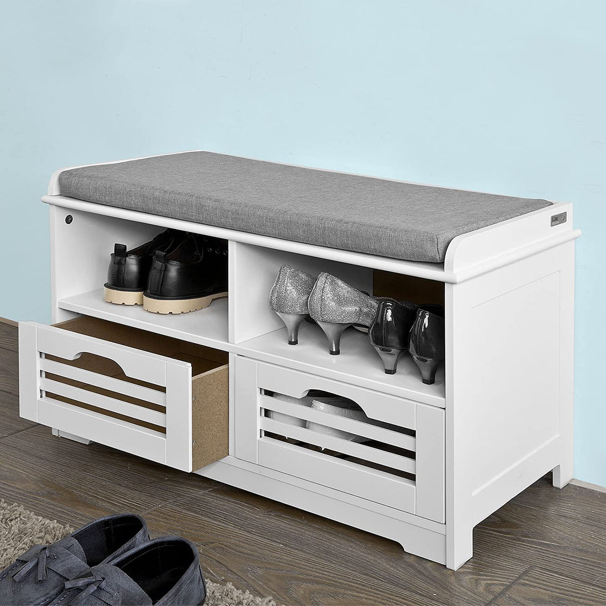 Multi-Functional Shoe Storage Bench with Drawers and Shelves