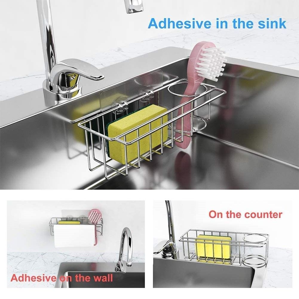 Stainless Steel 3-in-1 Kitchen Sink Caddy Organizer - Rustproof Adhesive Storage Solution