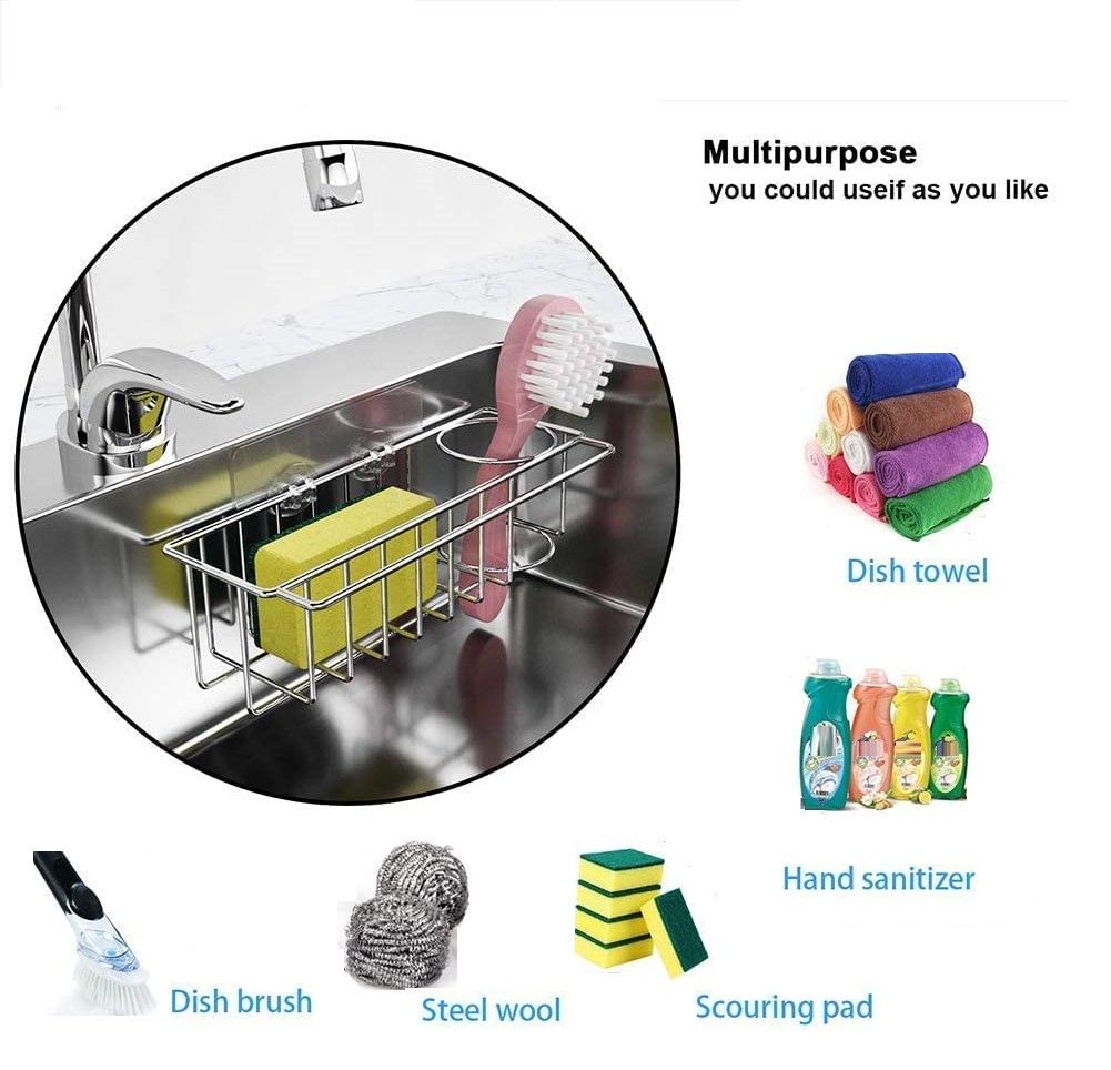 Stainless Steel 3-in-1 Kitchen Sink Caddy Organizer - Rustproof Adhesive Storage Solution