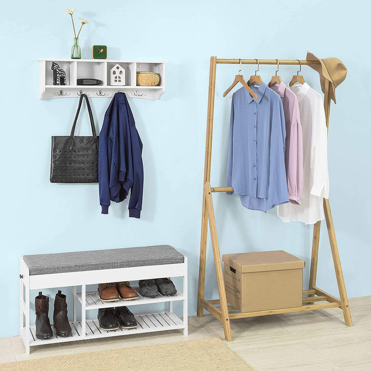 Modern White Wall-Mounted Coat Rack with Shelf