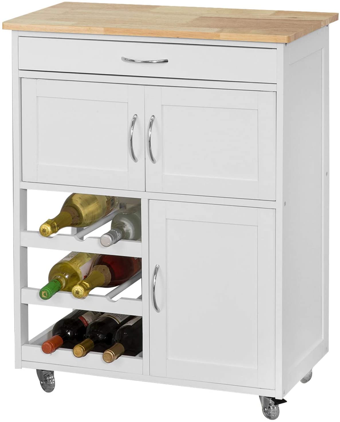 Scandinavian-Style Portable Kitchen Cart with Wine Storage and Serving Functionality