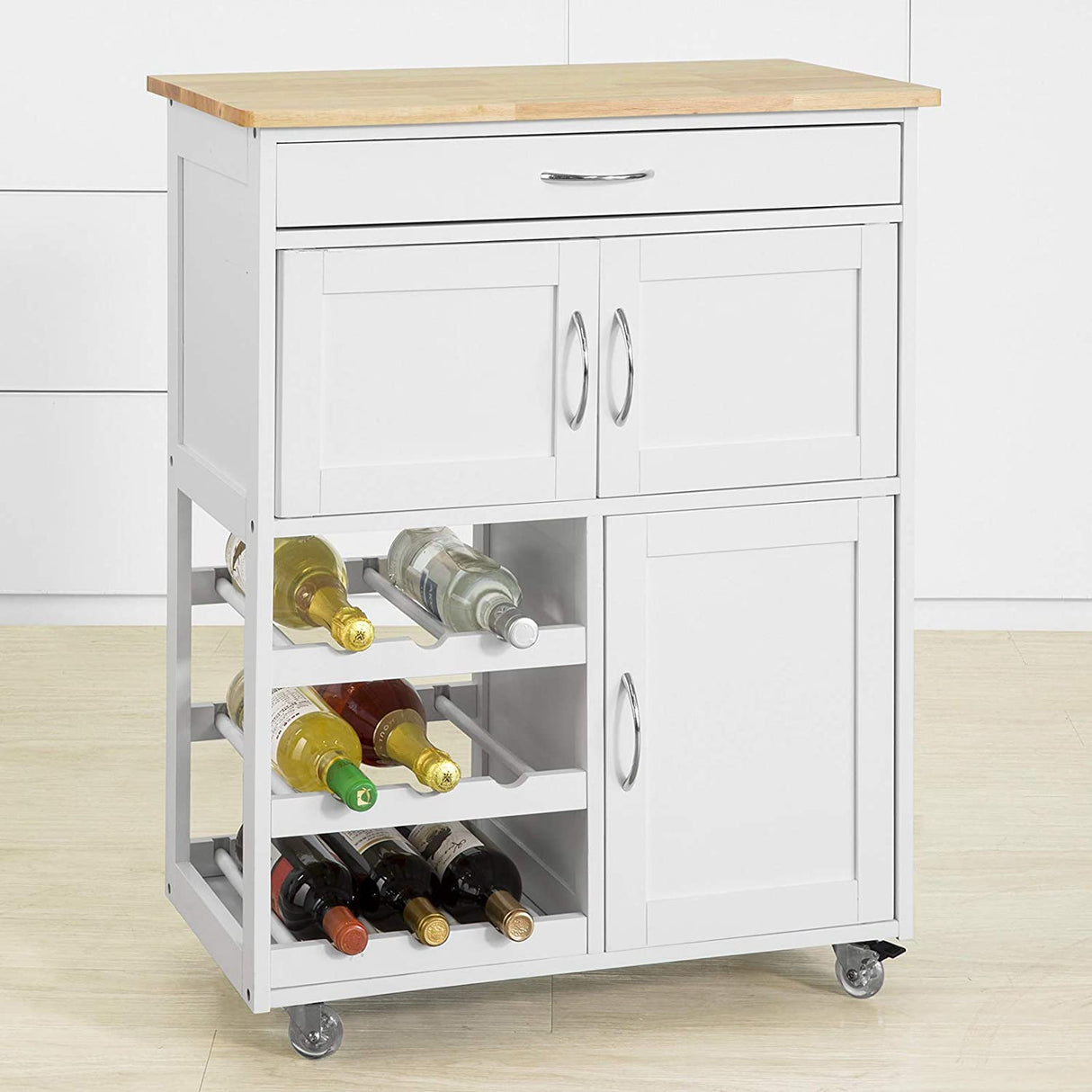 Scandinavian-Style Portable Kitchen Cart with Wine Storage and Serving Functionality