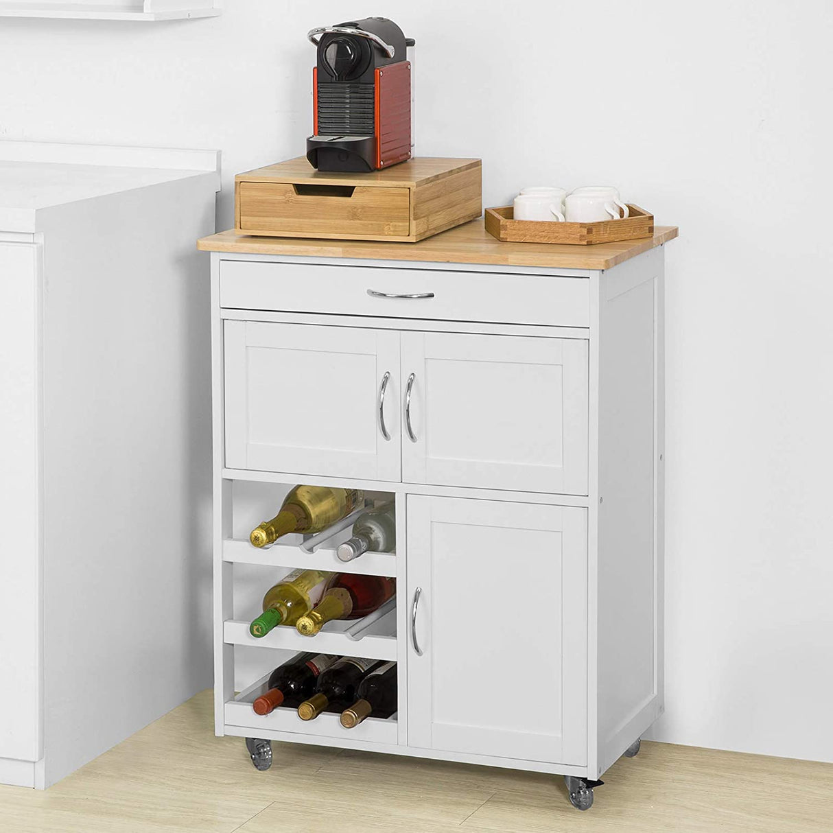 Scandinavian-Style Portable Kitchen Cart with Wine Storage and Serving Functionality