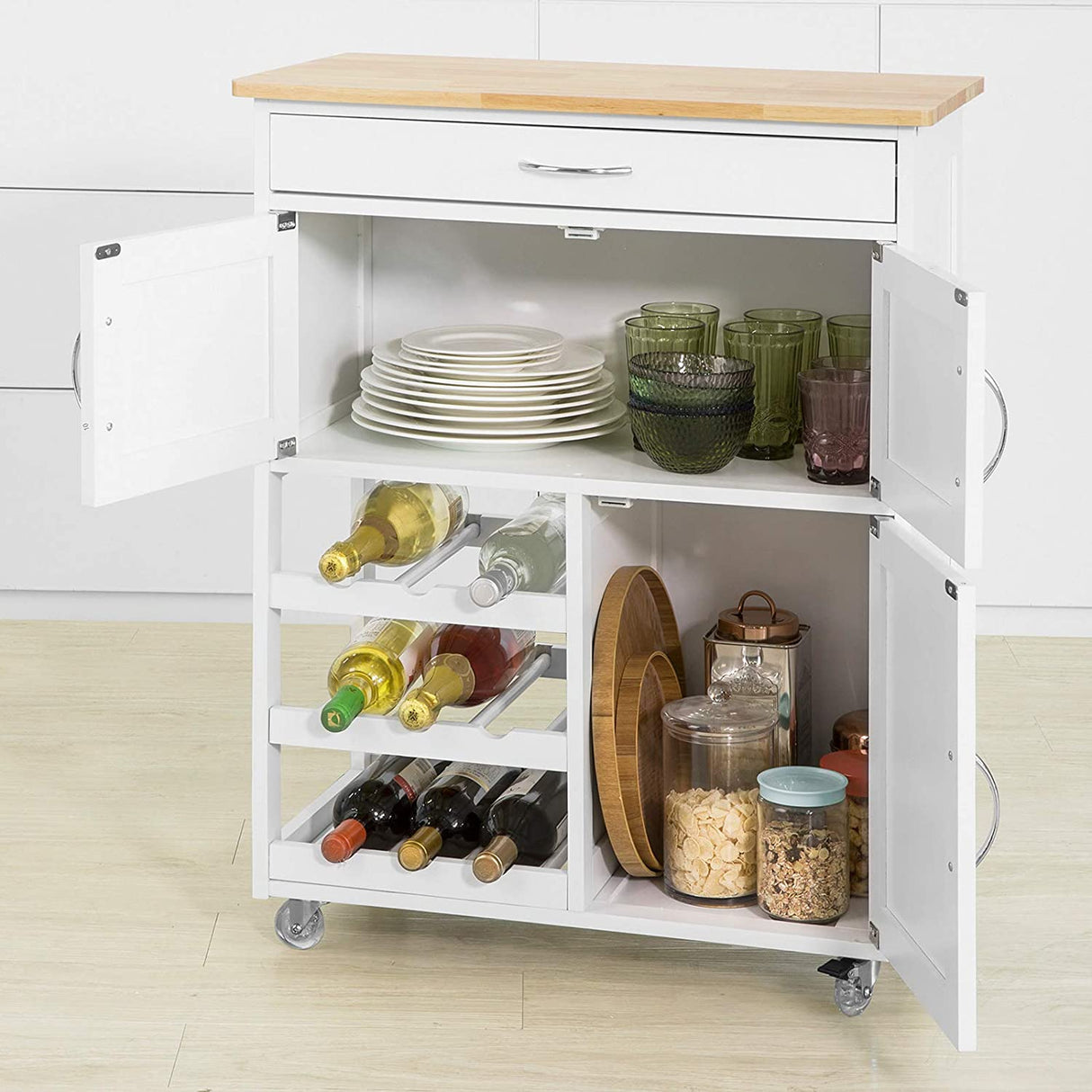 Scandinavian-Style Portable Kitchen Cart with Wine Storage and Serving Functionality