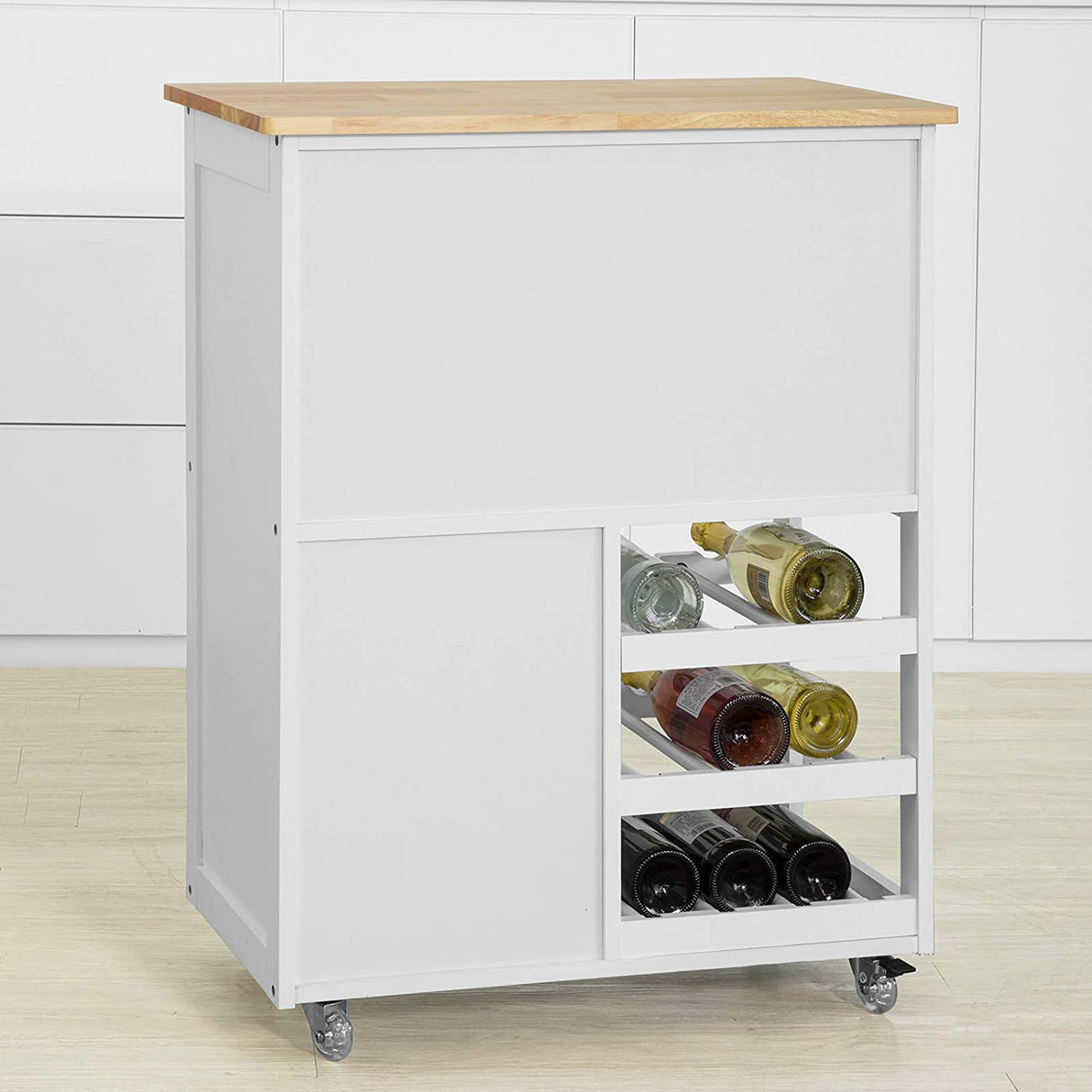 Scandinavian-Style Portable Kitchen Cart with Wine Storage and Serving Functionality