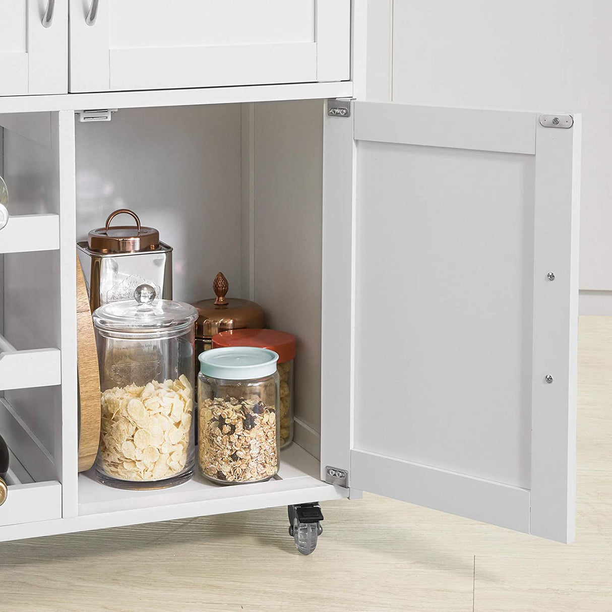 Scandinavian-Style Portable Kitchen Cart with Wine Storage and Serving Functionality
