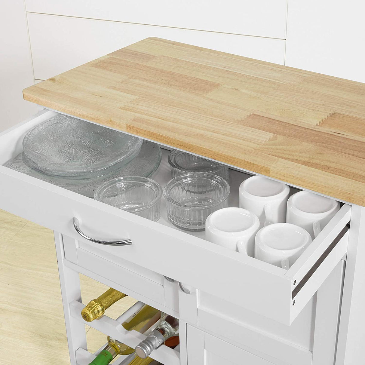 Scandinavian-Style Portable Kitchen Cart with Wine Storage and Serving Functionality