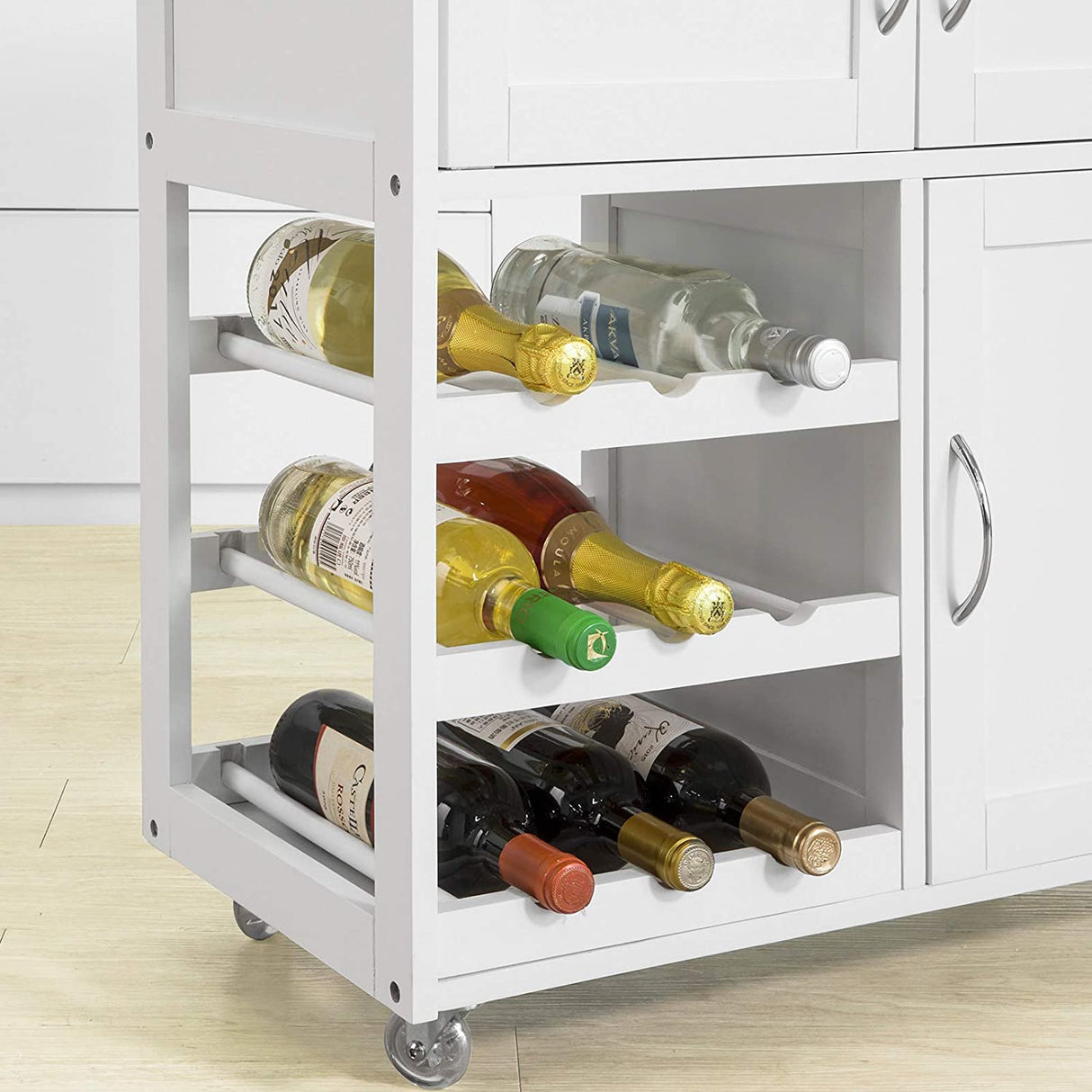 Scandinavian-Style Portable Kitchen Cart with Wine Storage and Serving Functionality