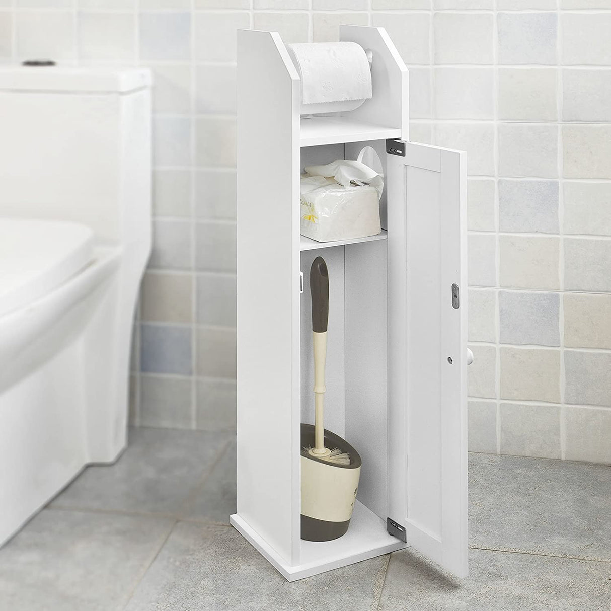 Freestanding Toilet Paper Storage Cabinet with Brush Holder and Dispenser