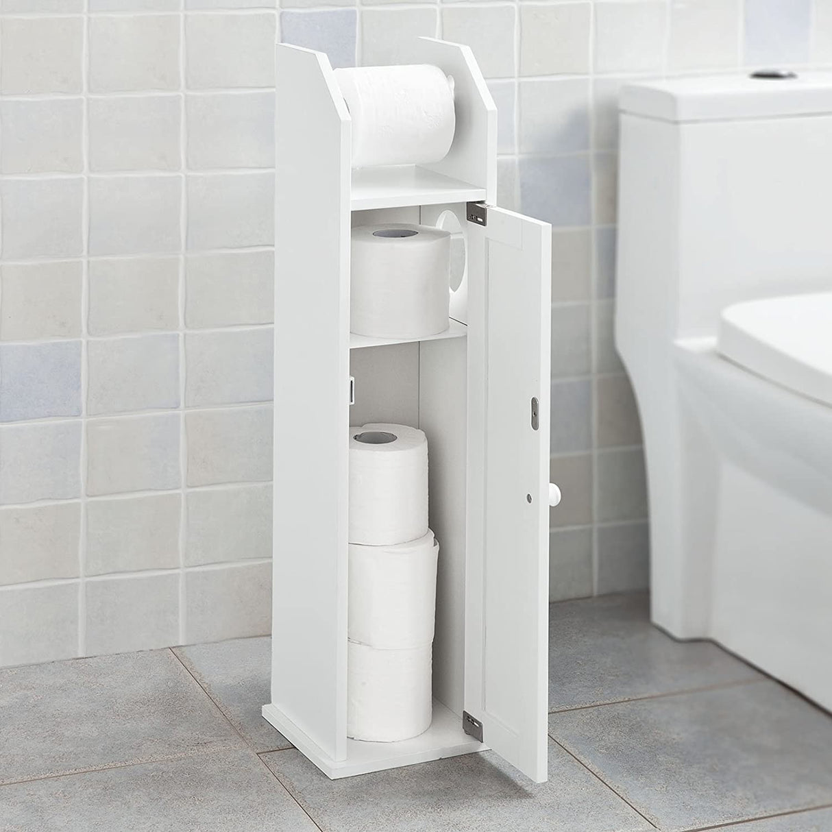 Freestanding Toilet Paper Storage Cabinet with Brush Holder and Dispenser