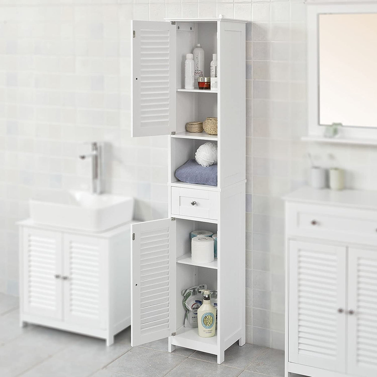 Slim Modern Freestanding Bathroom Storage Cabinet 170x32x30 cm
