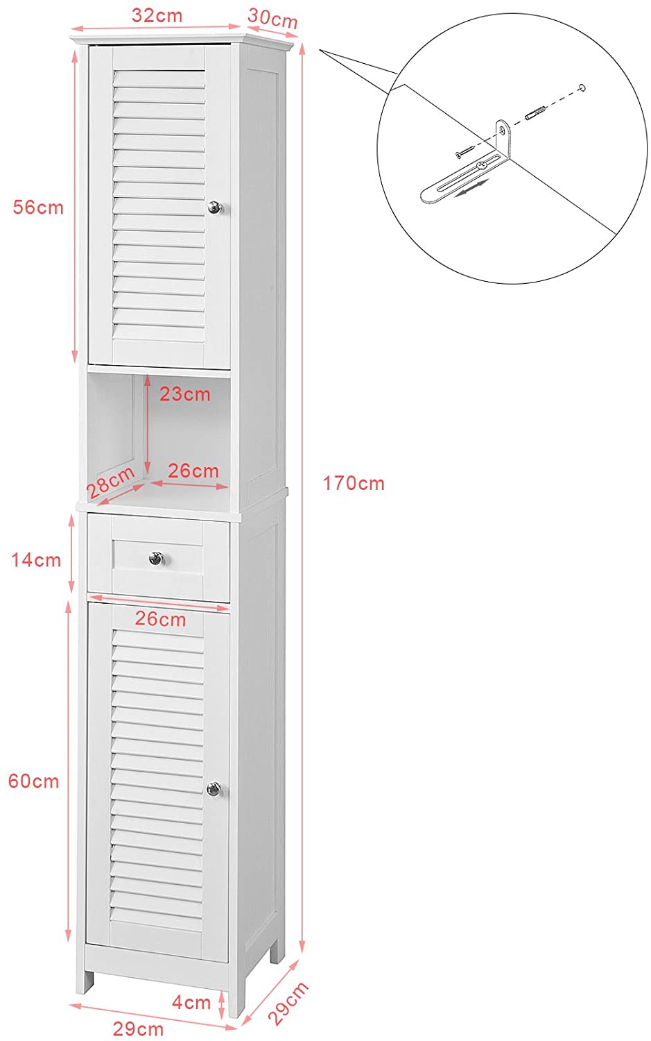 Slim Modern Freestanding Bathroom Storage Cabinet 170x32x30 cm