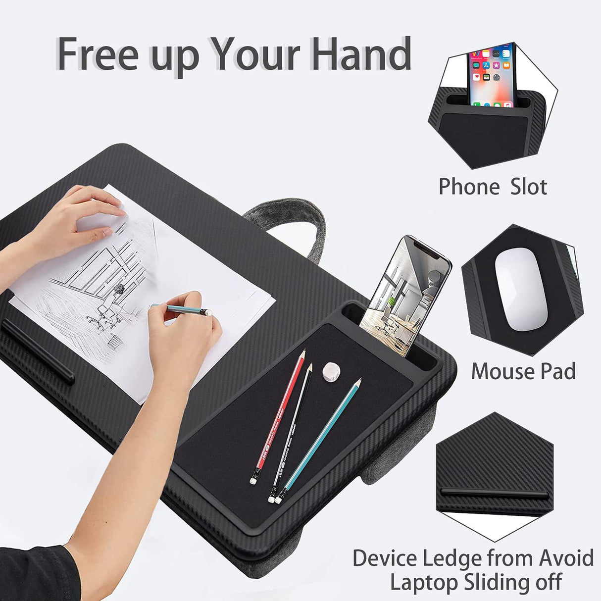Compact Portable Laptop Desk with Mouse Pad, Phone Holder, and Device Ledge for Home Office (Black, 40cm)