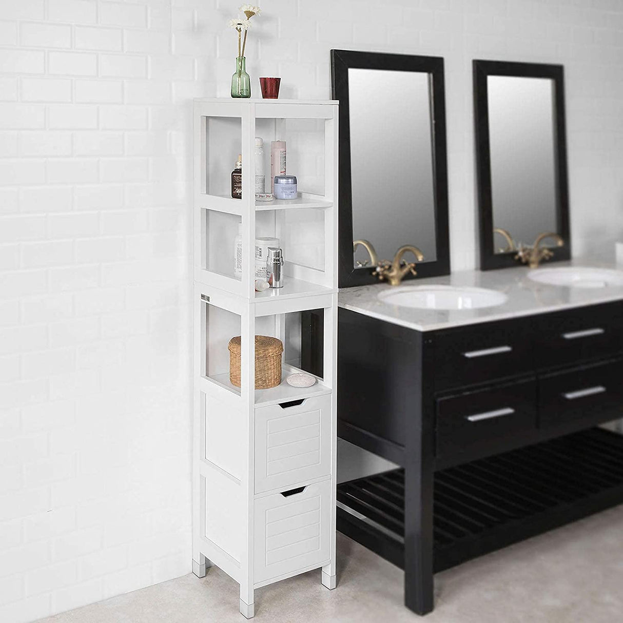 Vertical Storage Cabinet with Shelves and Drawer Units