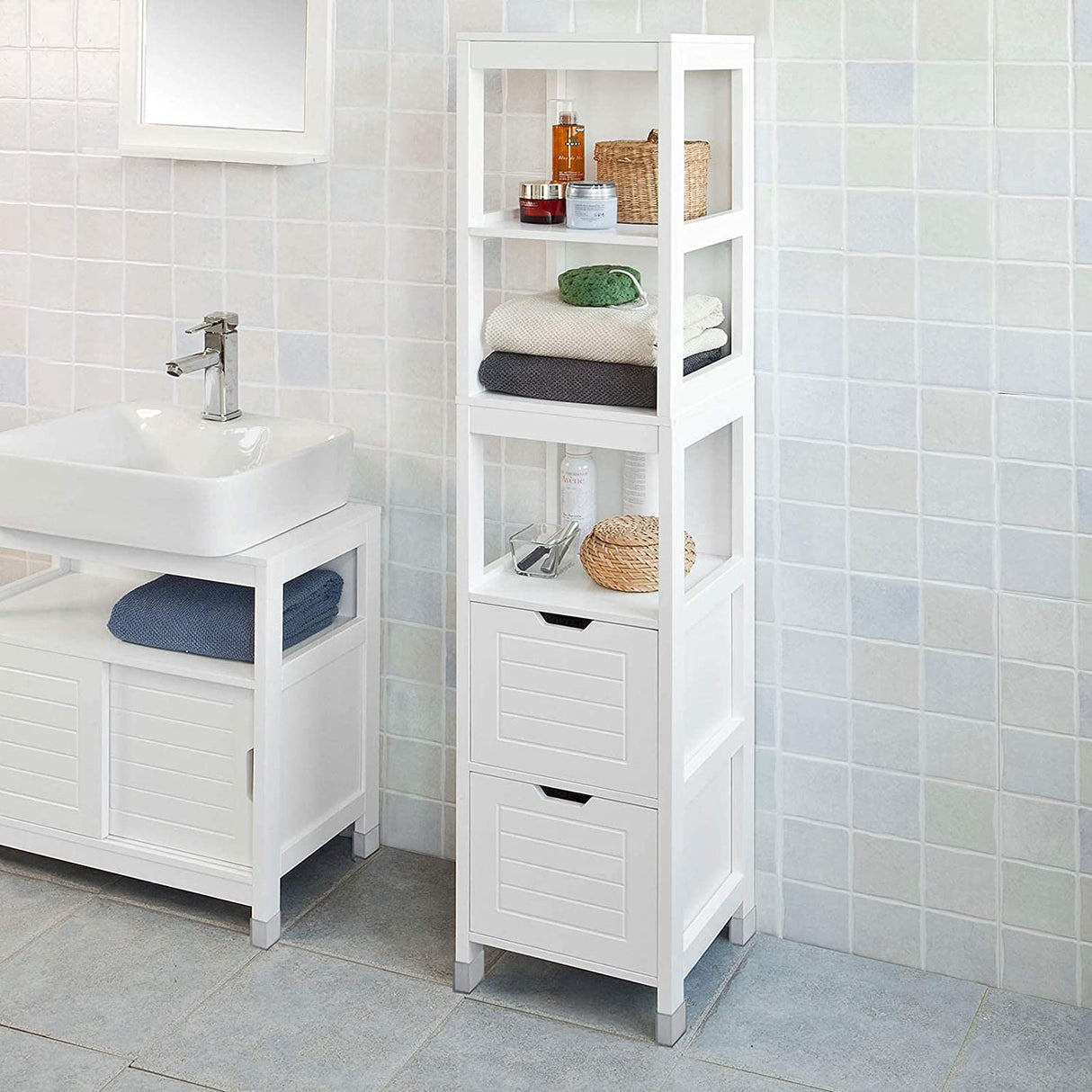 Vertical Storage Cabinet with Shelves and Drawer Units