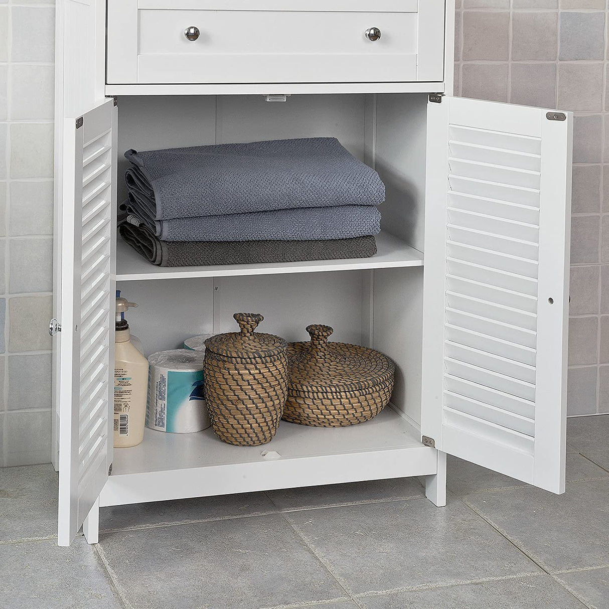White Freestanding Storage Cabinet with Adjustable Shelf and Drawer, 60x87x35 cm