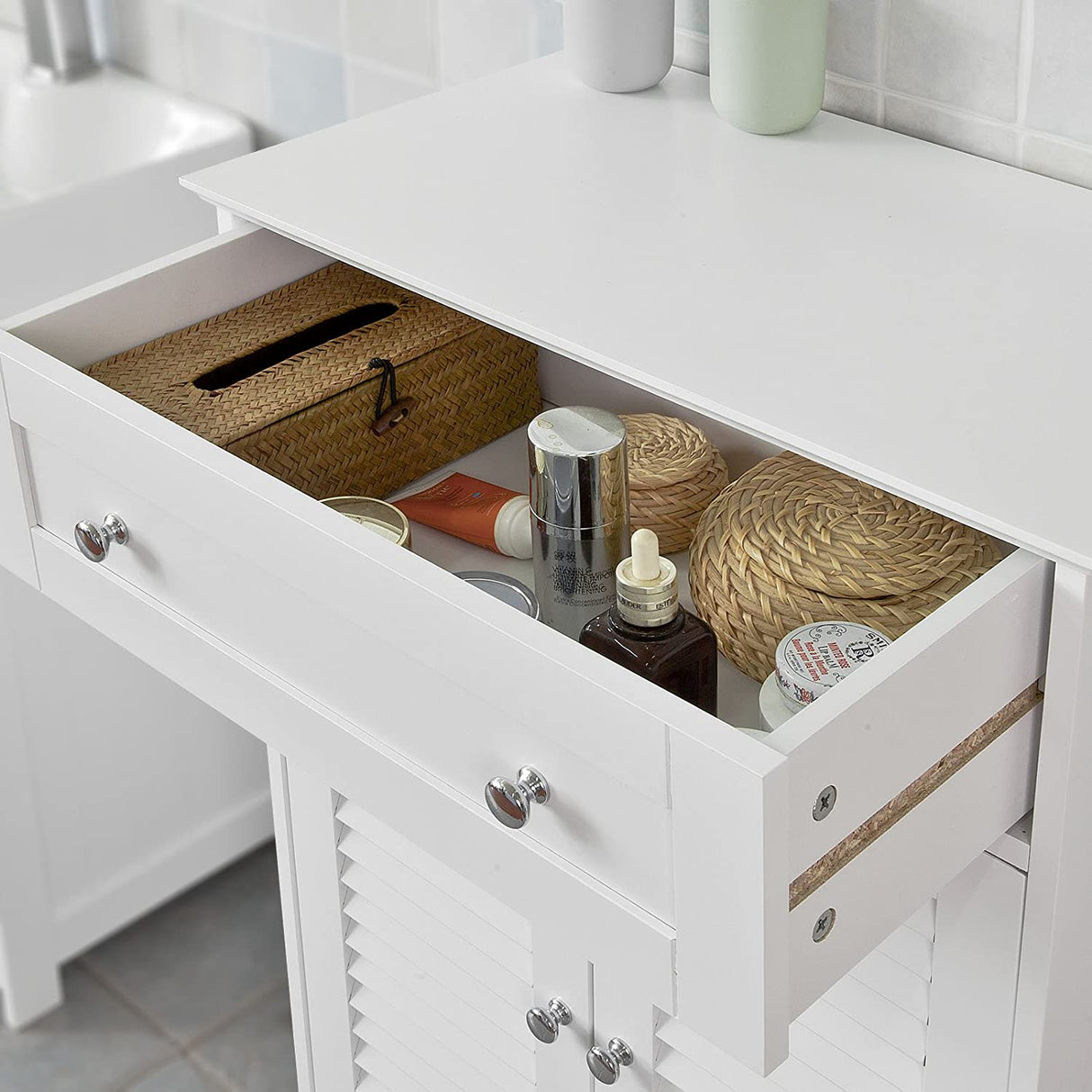 White Freestanding Storage Cabinet with Adjustable Shelf and Drawer, 60x87x35 cm