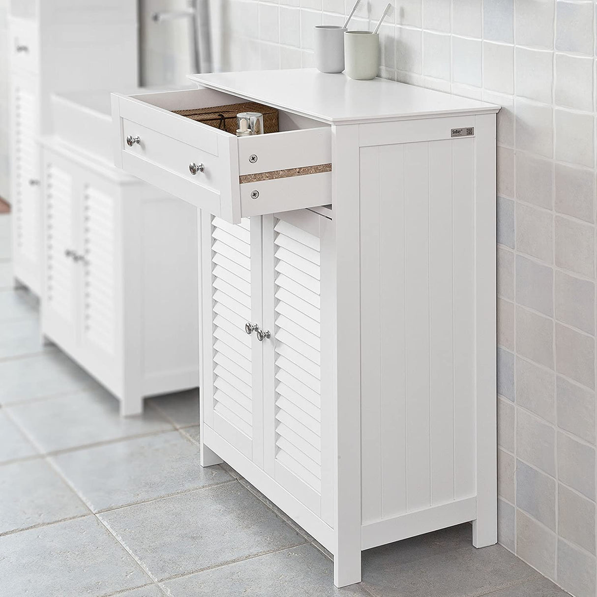 White Freestanding Storage Cabinet with Adjustable Shelf and Drawer, 60x87x35 cm