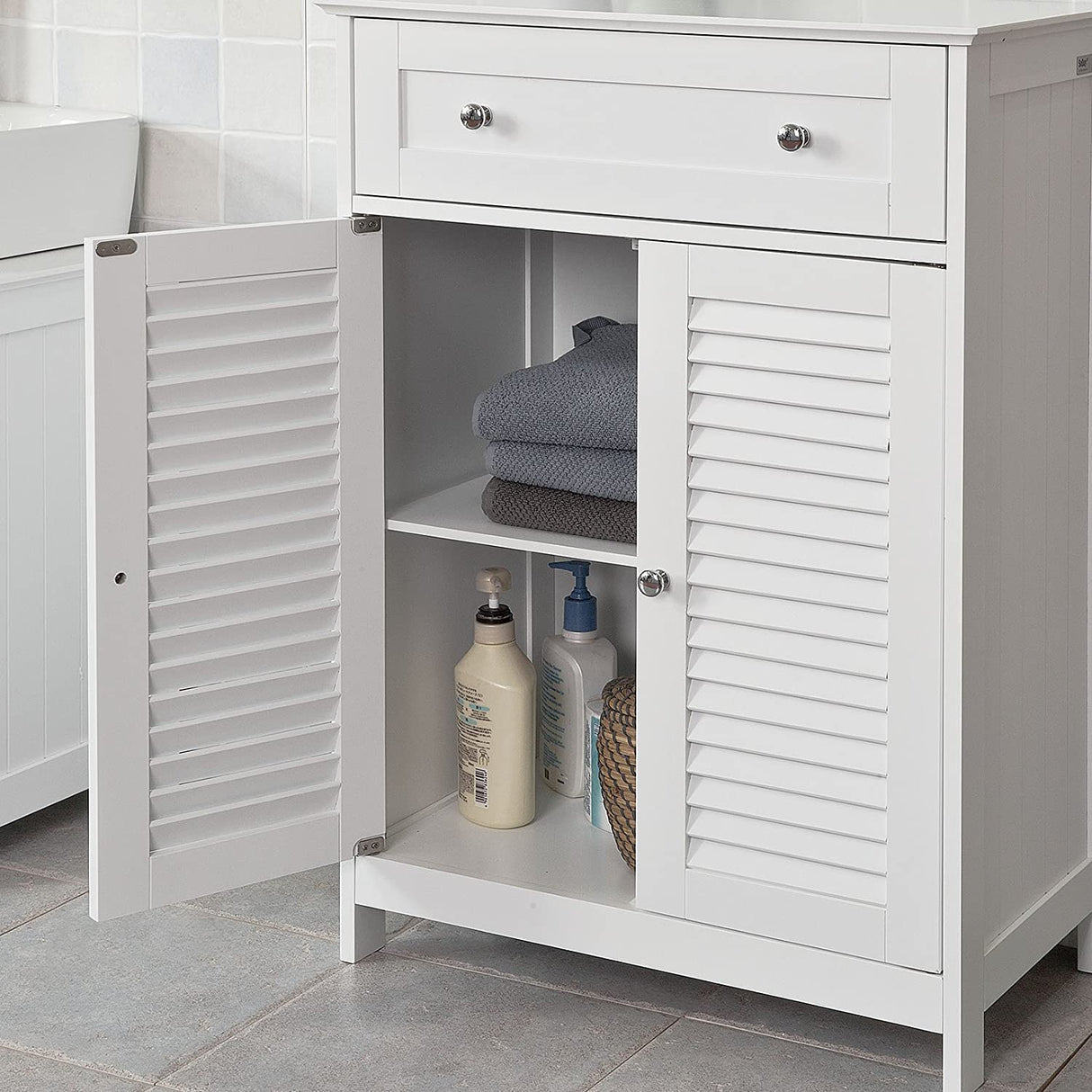 White Freestanding Storage Cabinet with Adjustable Shelf and Drawer, 60x87x35 cm