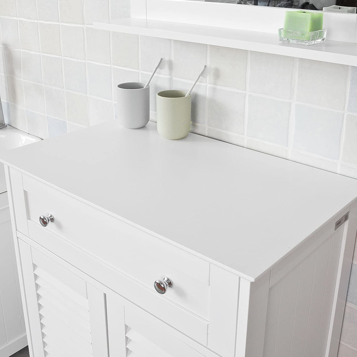 White Freestanding Storage Cabinet with Adjustable Shelf and Drawer, 60x87x35 cm