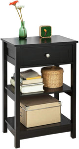 Sleek Black Nightstand with 1 Drawer and Dual Shelving - Front View