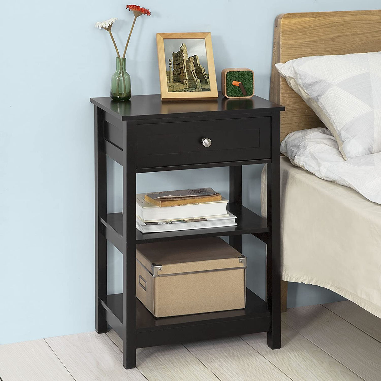 Sleek Black Nightstand with 1 Drawer and Dual Shelving