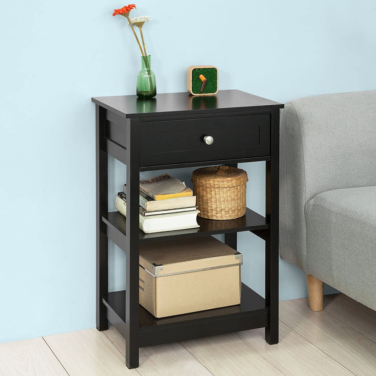 Sleek Black Nightstand with 1 Drawer and Dual Shelving