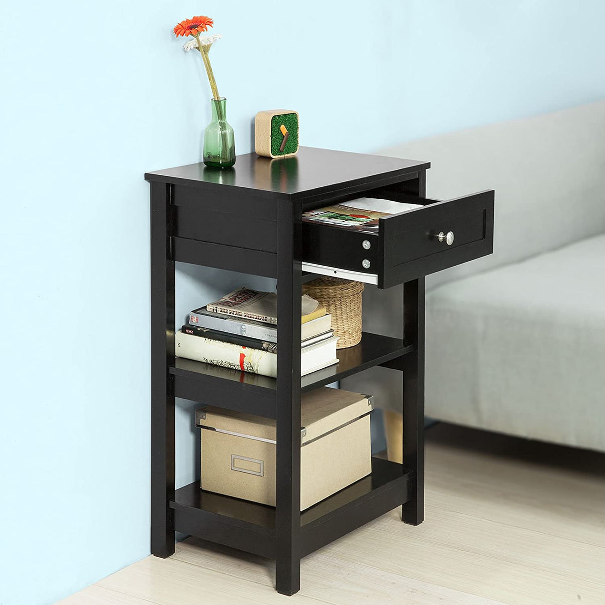 Sleek Black Nightstand with 1 Drawer and Dual Shelving