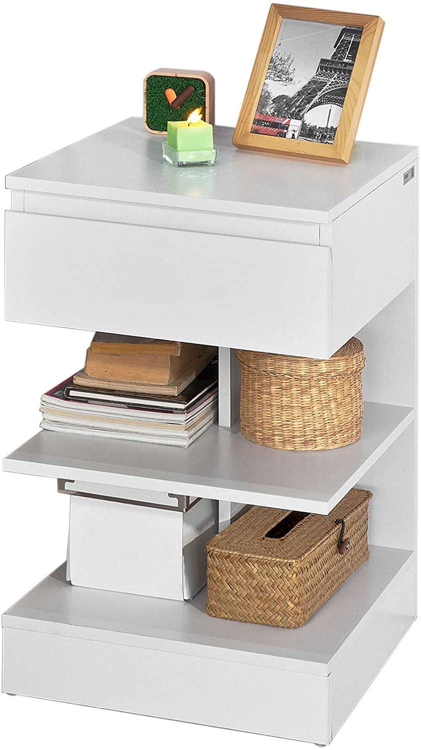 Modern White Nightstand with 1 Drawer and 3 Shelves