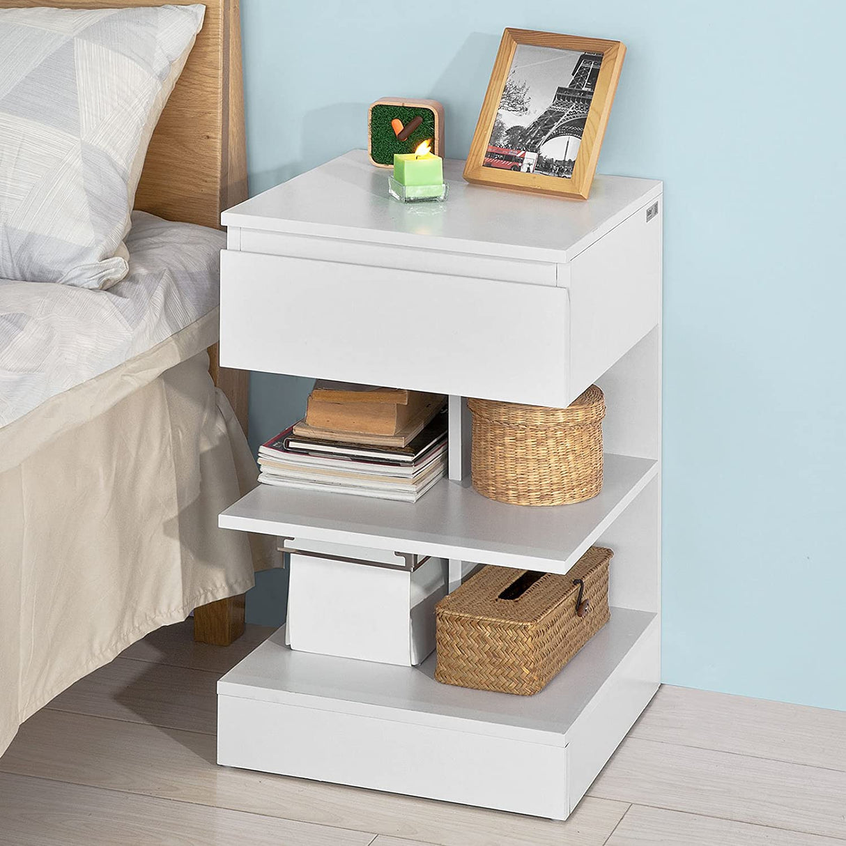 Modern White Nightstand with 1 Drawer and 3 Shelves