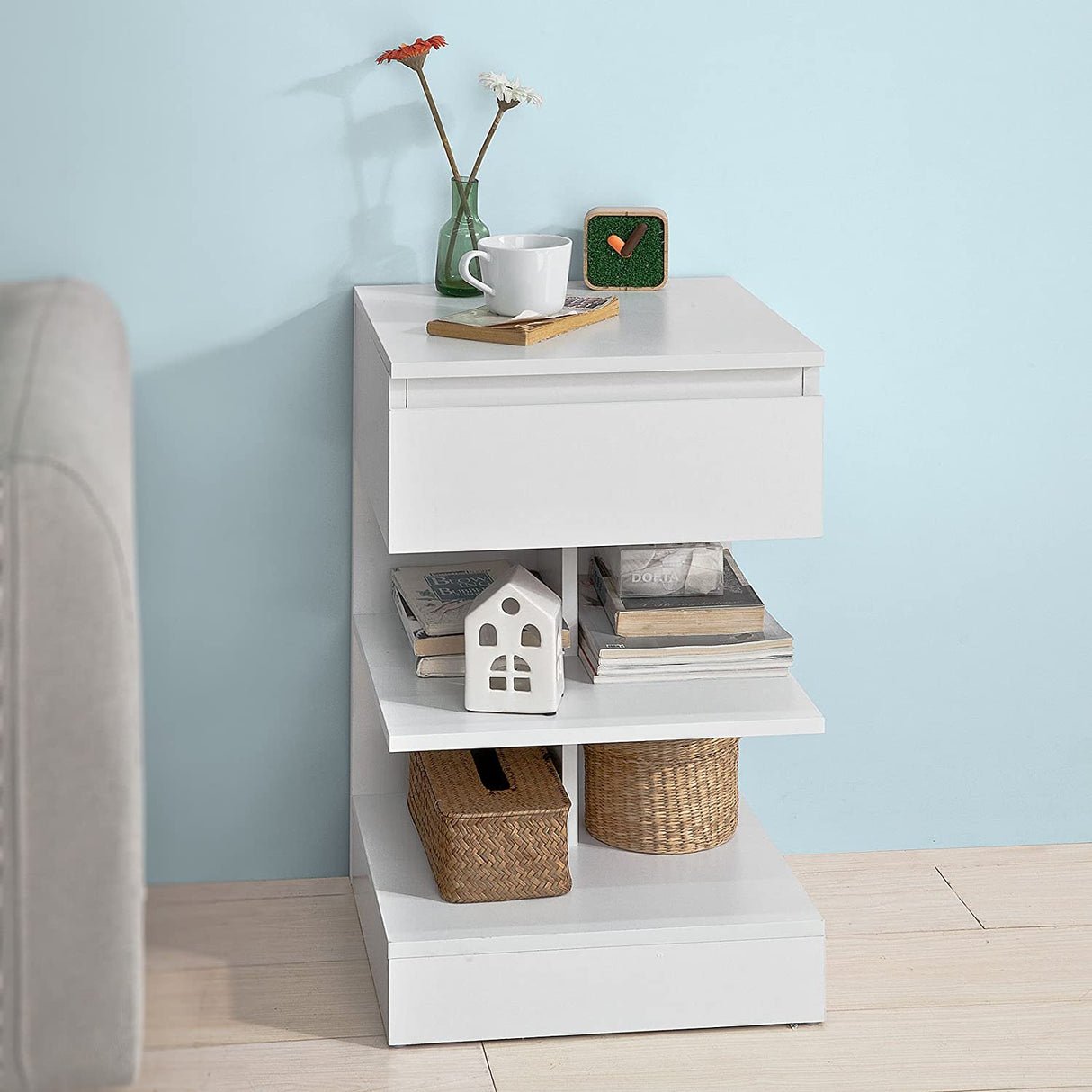 Modern White Nightstand with 1 Drawer and 3 Shelves