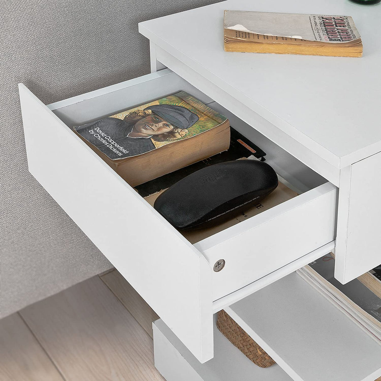 Modern White Nightstand with 1 Drawer and 3 Shelves