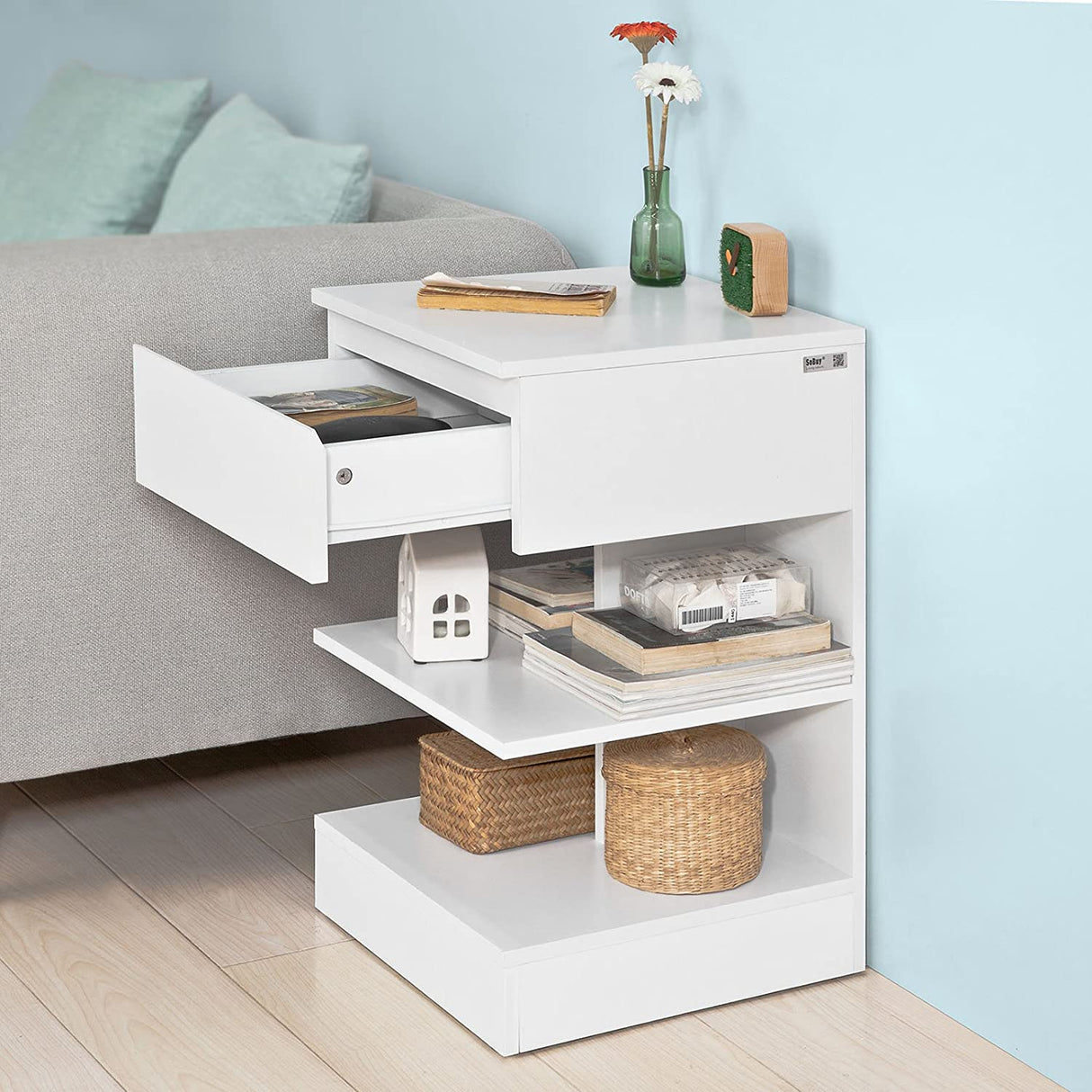 Modern White Nightstand with 1 Drawer and 3 Shelves