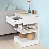 Modern White Nightstand with 1 Drawer and 3 Shelves - Low Angle