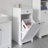 White Bathroom Cabinet with Laundry Basket and Drawer - Front View