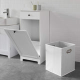White Bathroom Cabinet with Laundry Basket and Drawer - Side View