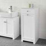 White Bathroom Cabinet with Laundry Basket and Drawer - Close-Up Angle