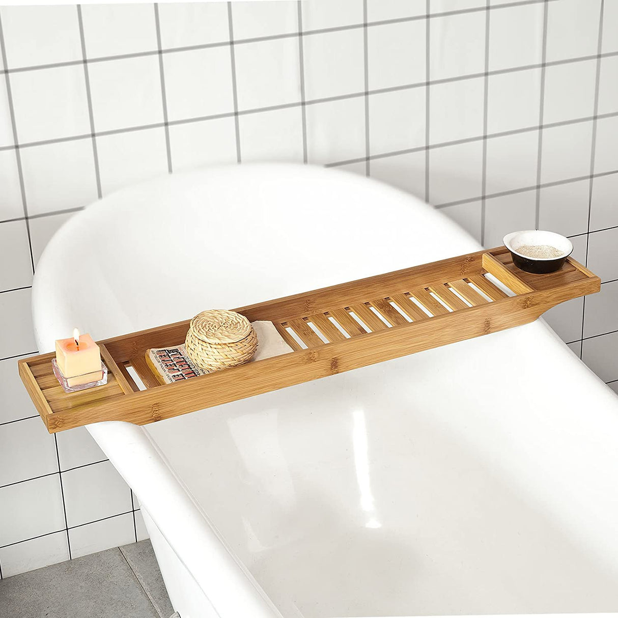 Natural Bamboo Bath Organizer Tray with Moisture-Resistant Finish
