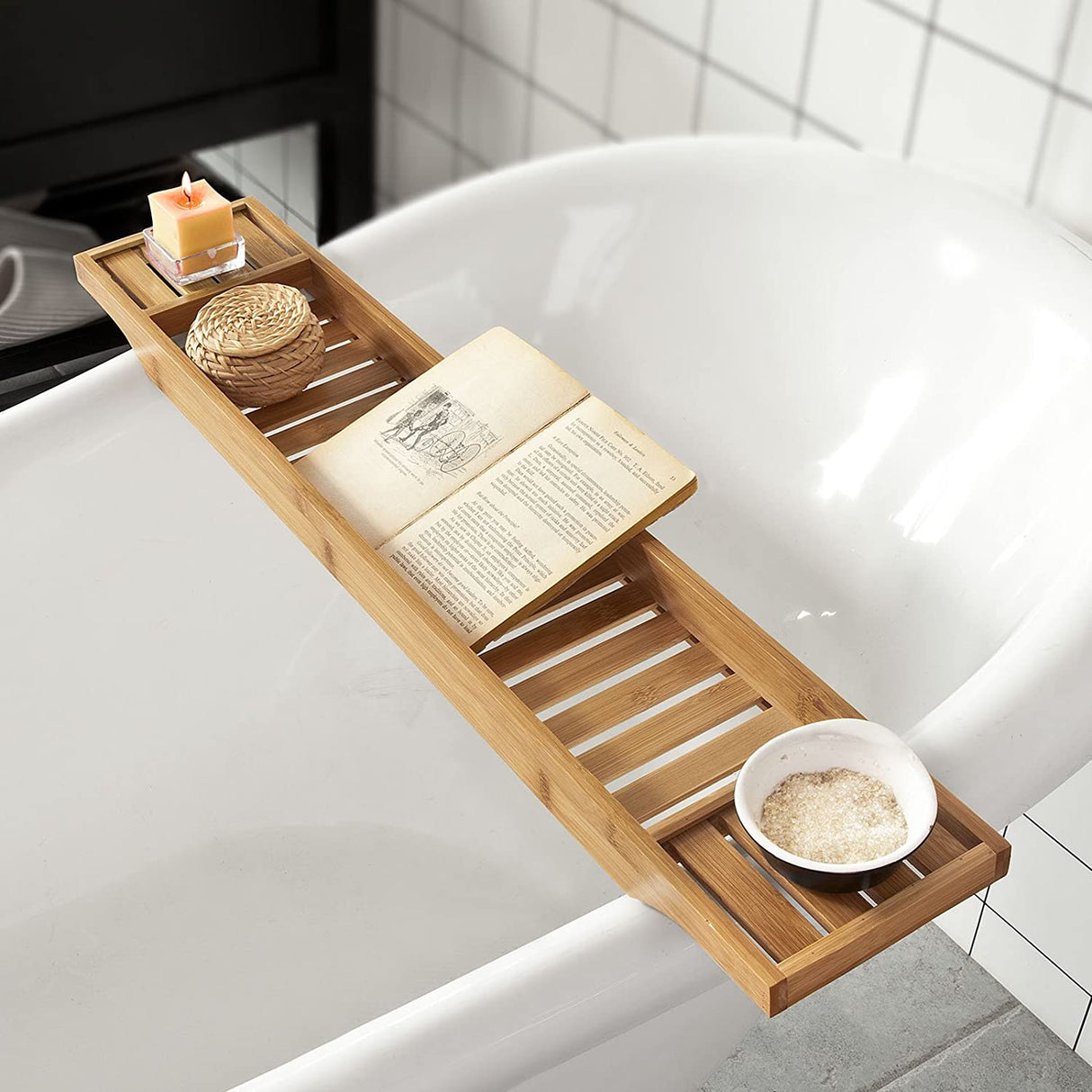 Natural Bamboo Bath Organizer Tray with Moisture-Resistant Finish