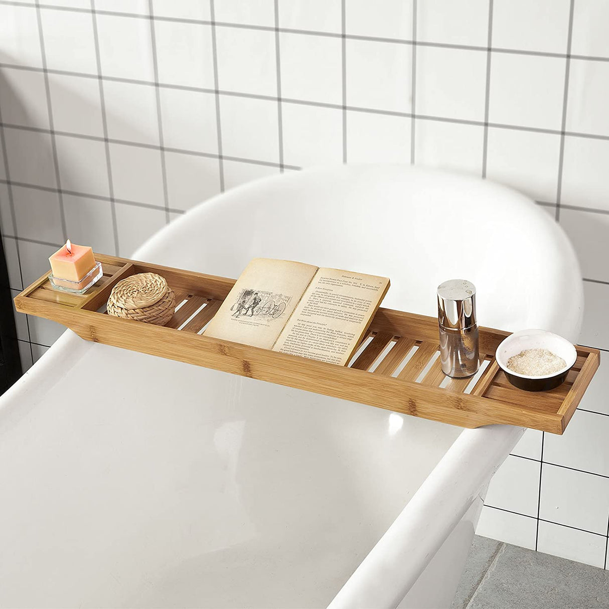 Natural Bamboo Bath Organizer Tray with Moisture-Resistant Finish
