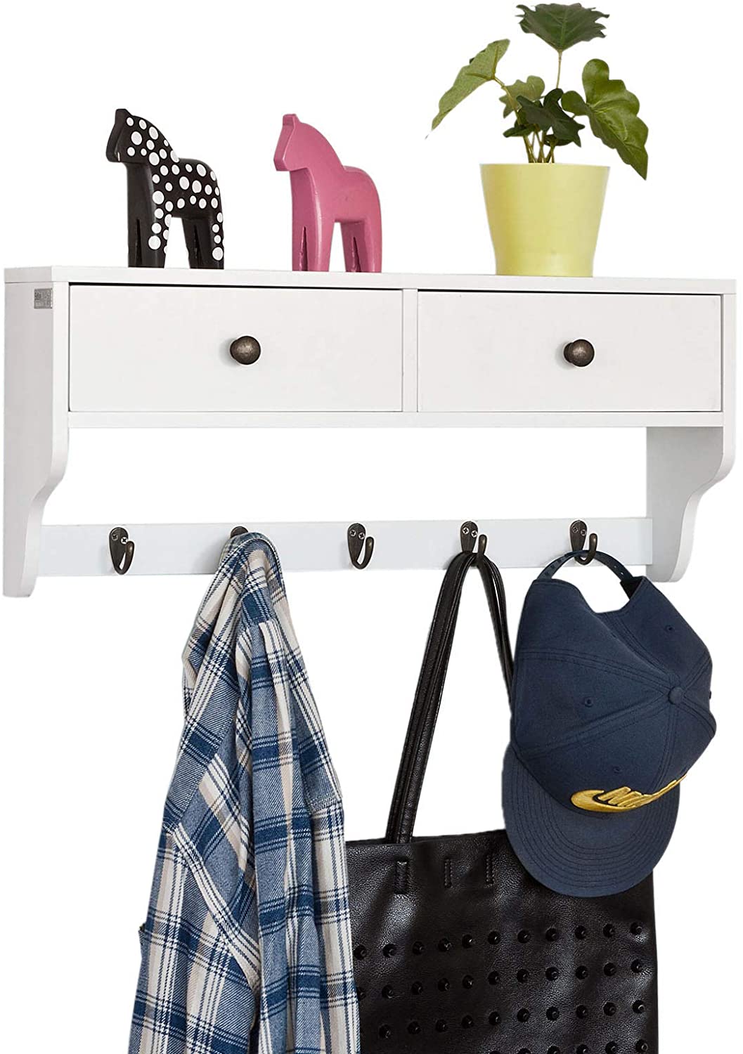 Multifunctional Wall Shelf with Two Drawers and Five Hooks