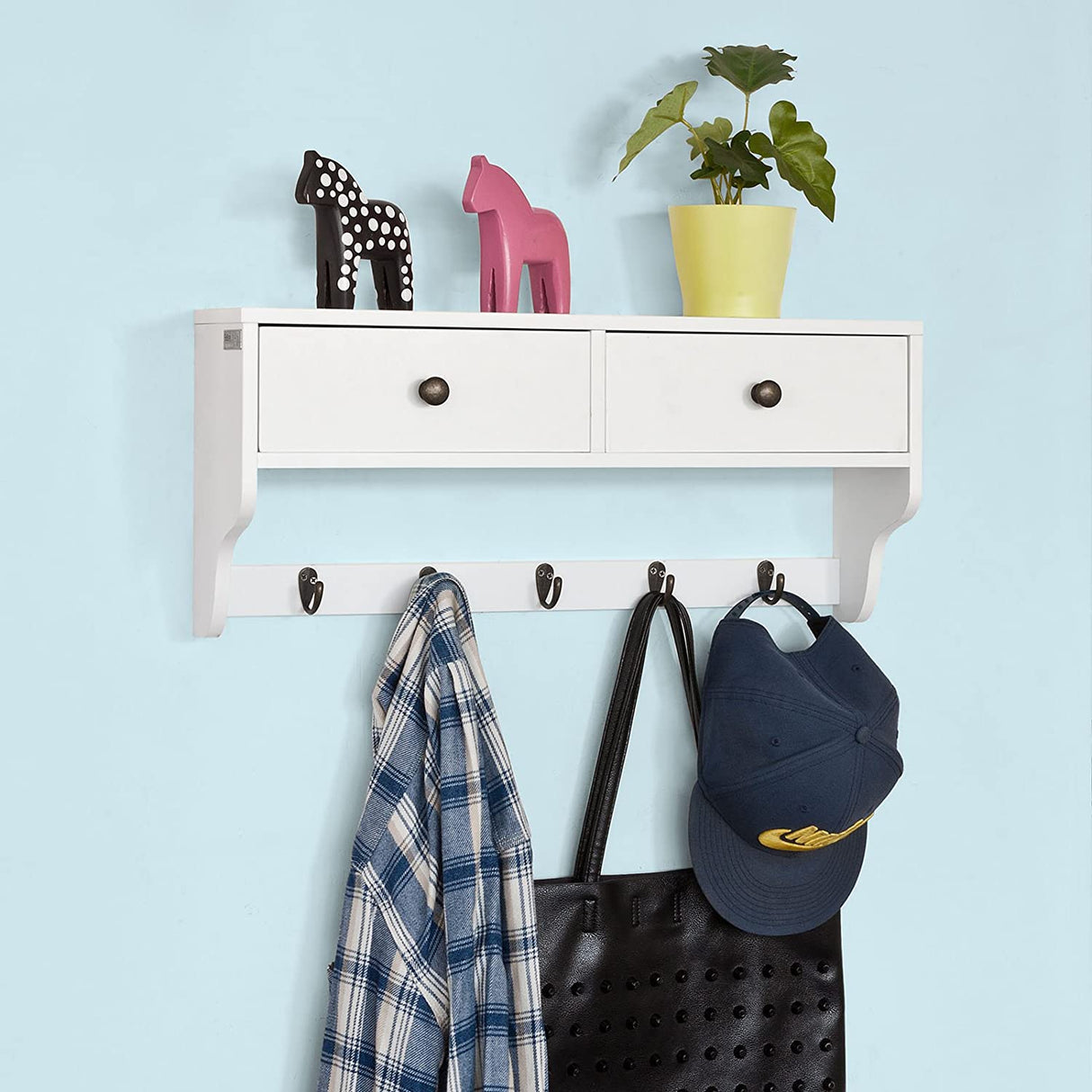 Multifunctional Wall Shelf with Two Drawers and Five Hooks