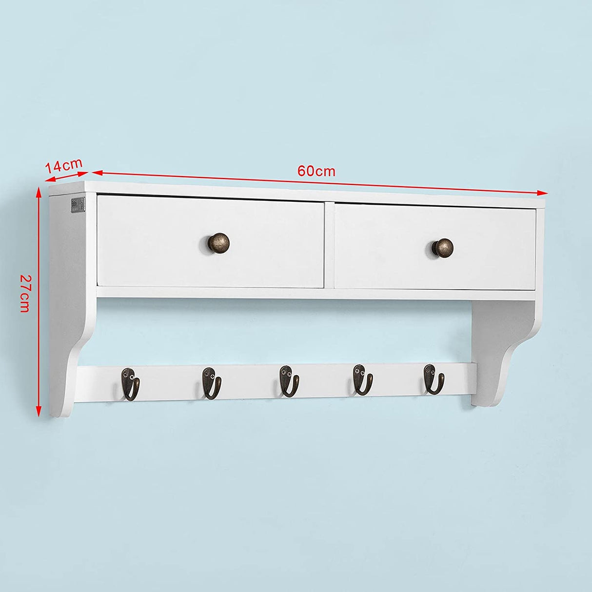 Multifunctional Wall Shelf with Two Drawers and Five Hooks