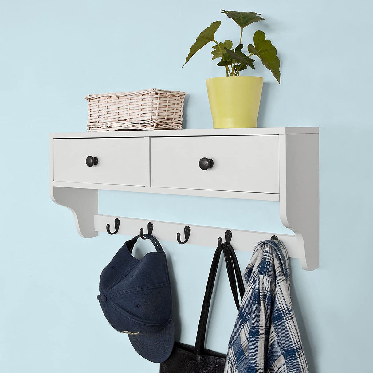 Multifunctional Wall Shelf with Two Drawers and Five Hooks