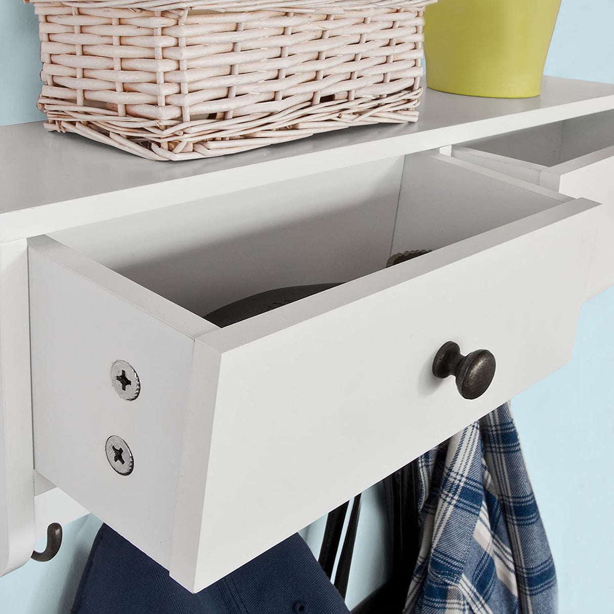 Multifunctional Wall Shelf with Two Drawers and Five Hooks