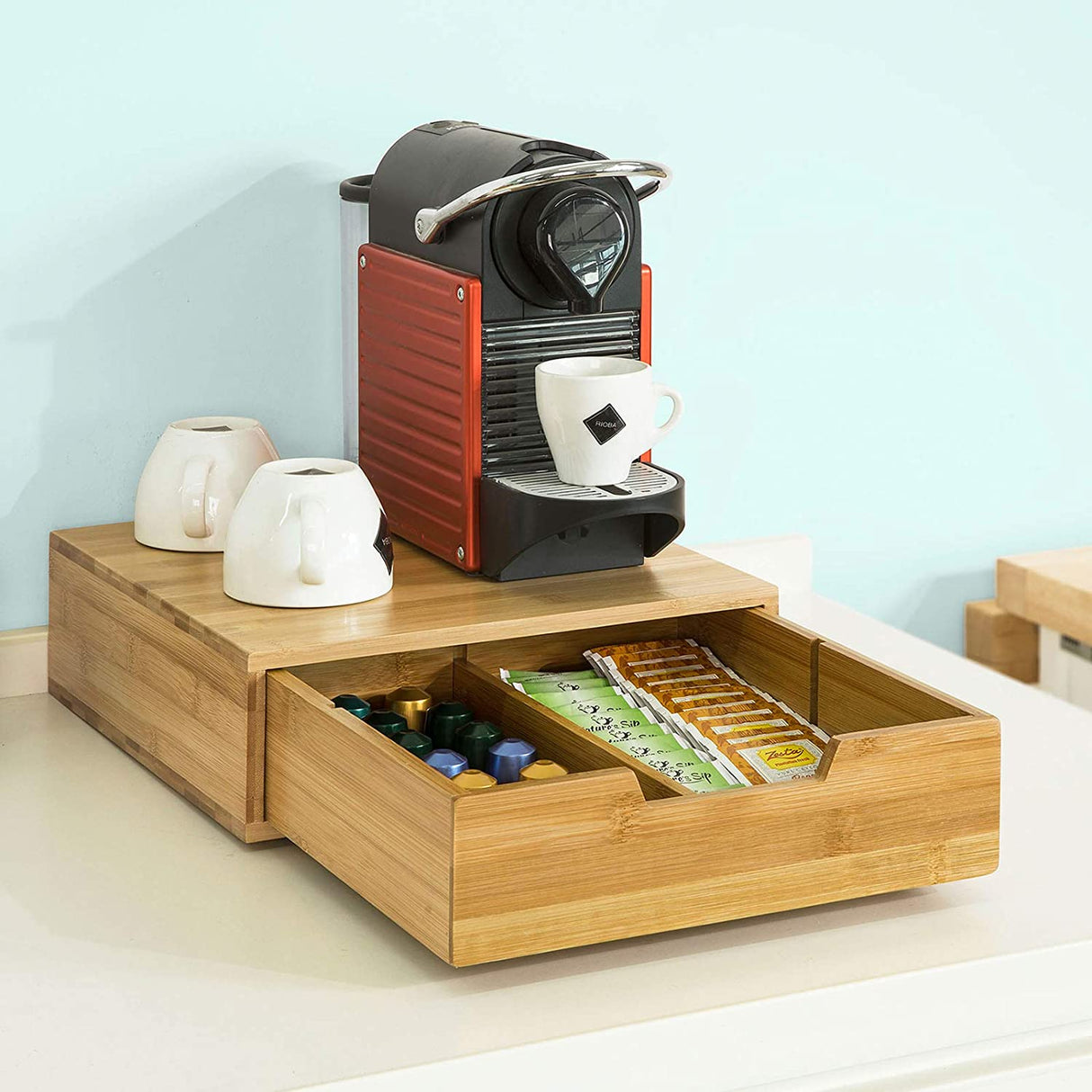 Bamboo Coffee Pod and Tea Bag Organizer with Stand