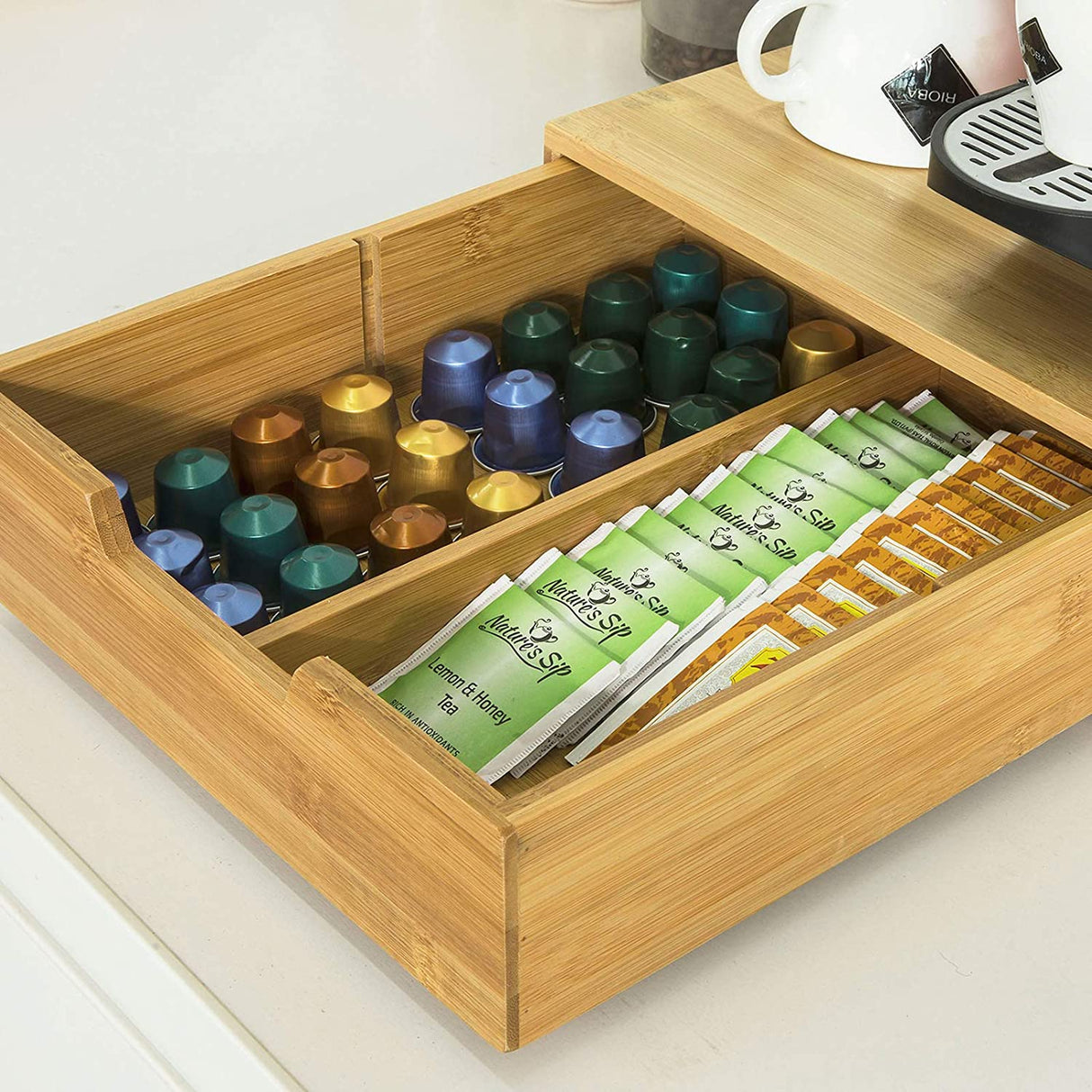 Bamboo Coffee Pod and Tea Bag Organizer with Stand