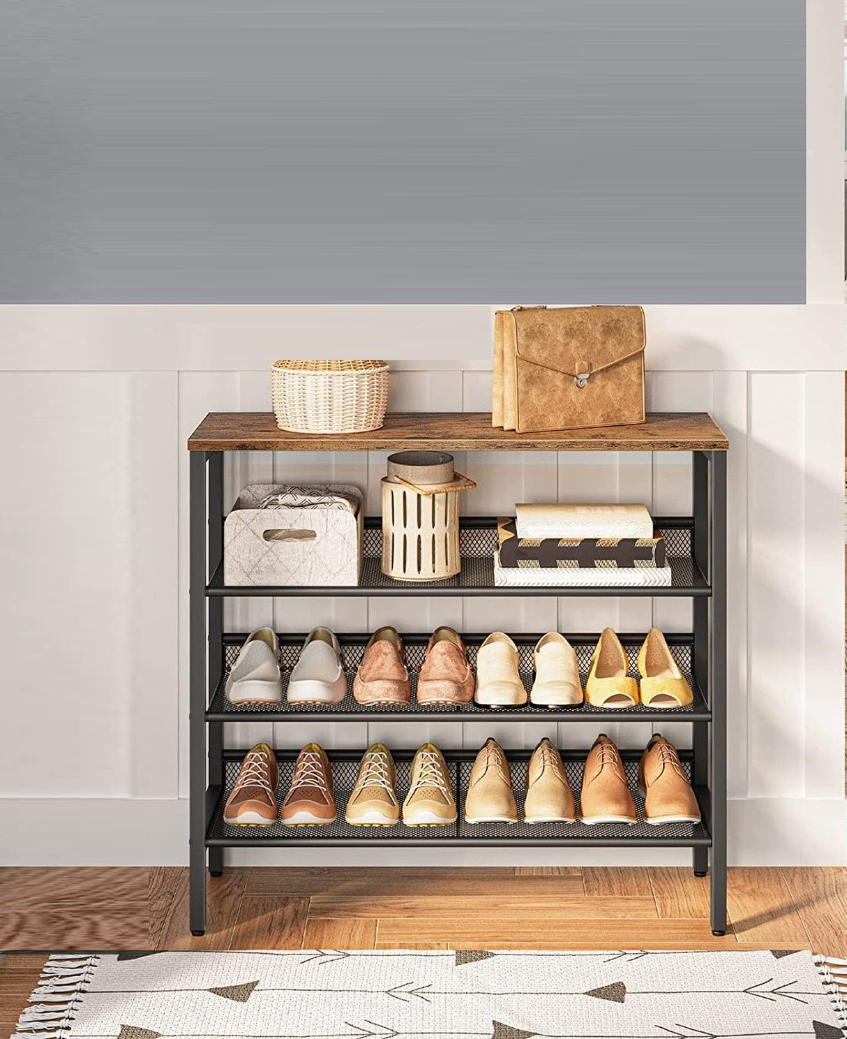 Rustic Industrial 4-Tier Shoe Storage Bench with Easy Assembly
