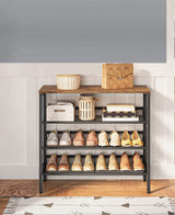 Rustic Industrial 4-Tier Shoe Storage Bench with Easy Assembly - Close-Up Angle